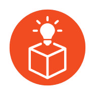 Icon with a white lightbulb over a box, representing advanced impact.