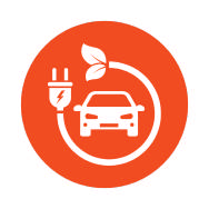 Orange circle icon with white outline of an electric car, charging plug, and leaf, representing sustainable electrification.