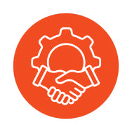 Icon of two hands shaking with a gear above, representing partnership and progress.
