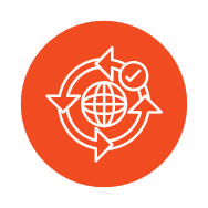 White outline icon of global circular economy with arrows on orange background.