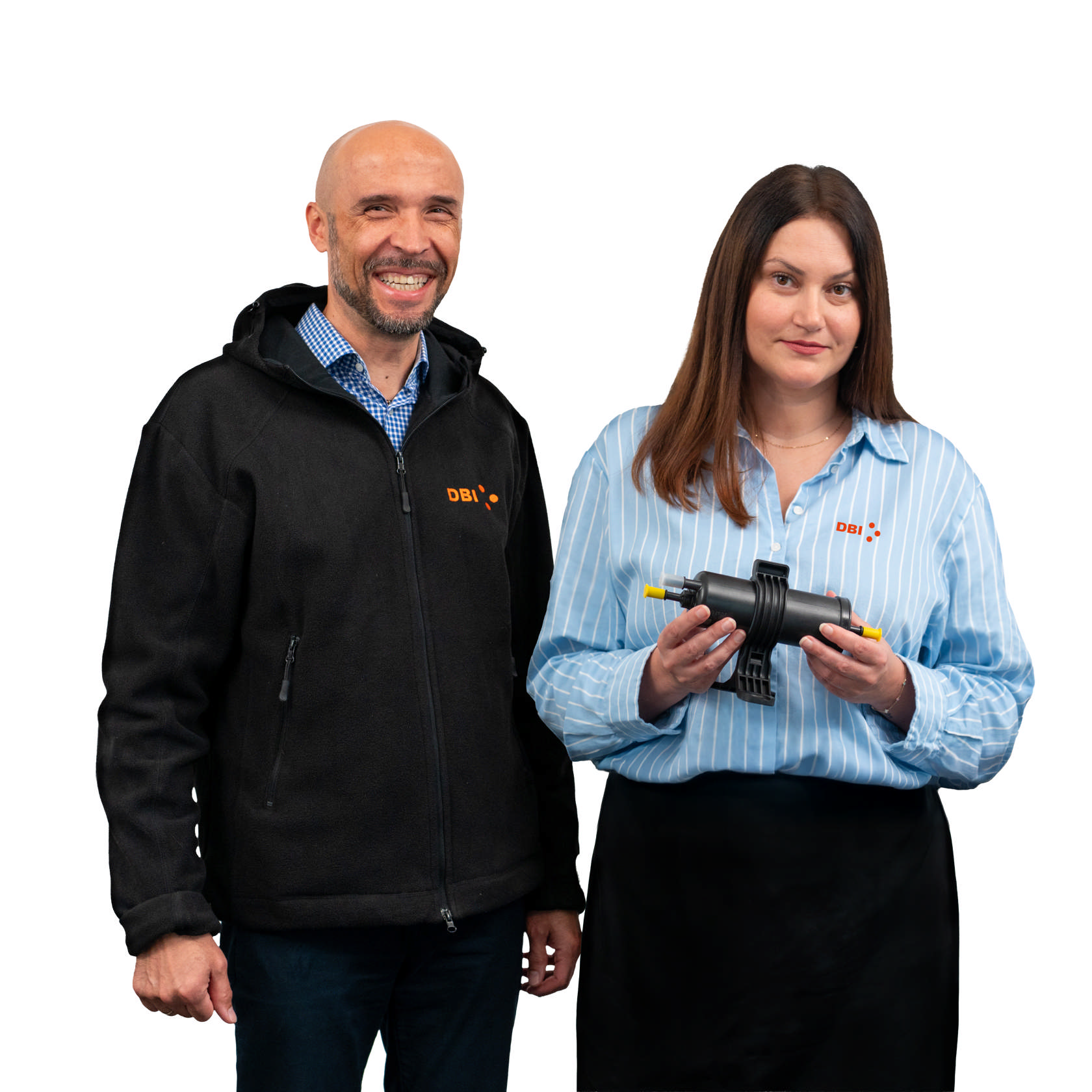 Two DBI employees holding an automotive component protected with DBI cap.